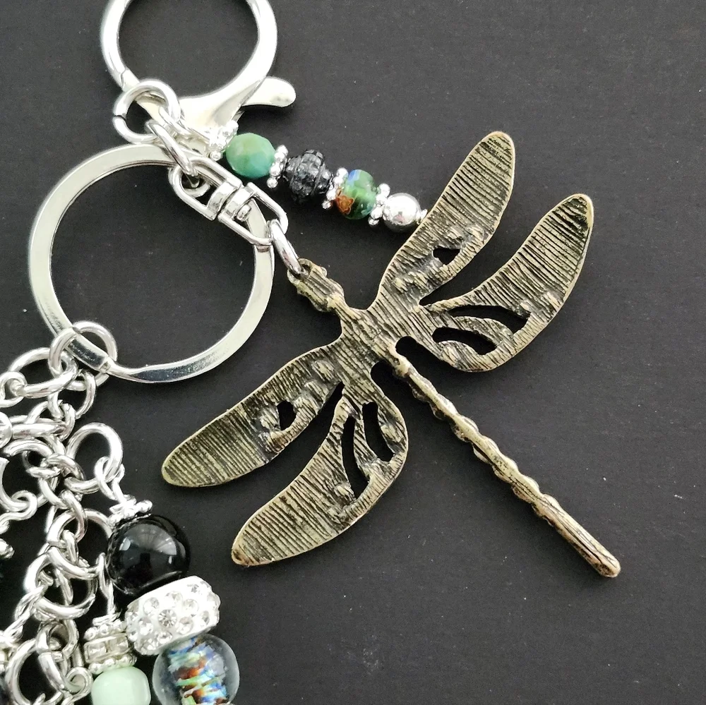 Dragonfly Purse Charm Aventurine Jasper Stone Glass Handcrafted